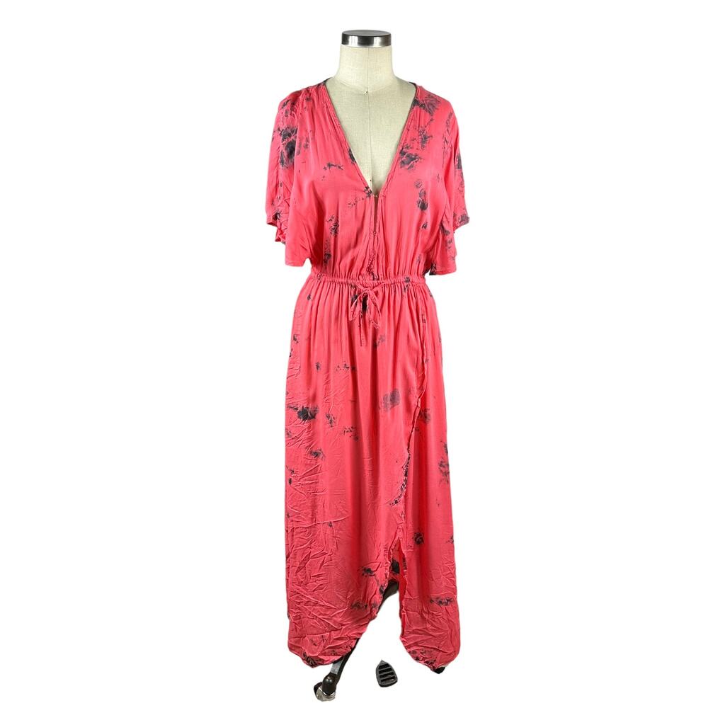 AMUSE SOCIETY Pink Tie Dye Maxi Dress Size Medium Side Slit Swim Cover Up Summer